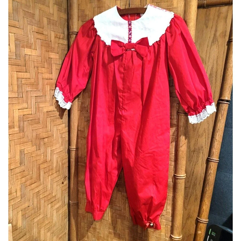 MINT Vtg 80s OOAK Red Christmas Toddler Romper Lace 4T One Piece Jumpsuit Outfit